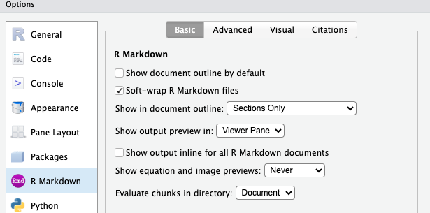 Screenshot of the Preferences/R Markdown window